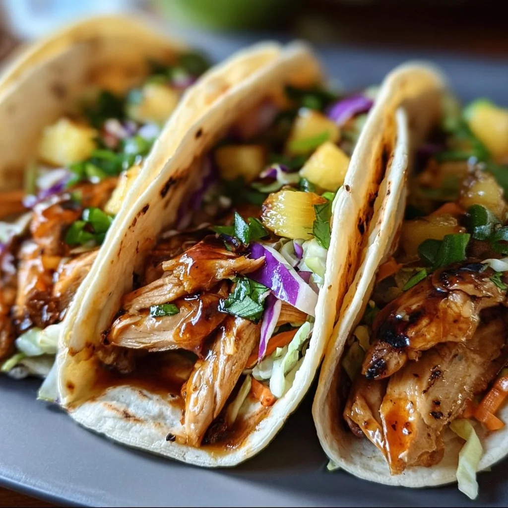 Plate of delicious teriyaki chicken tacos topped with fresh vegetables