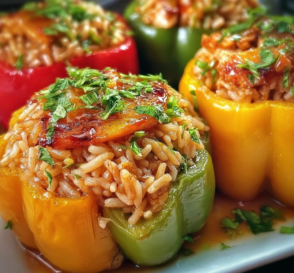 Teriyaki pineapple chicken rice stuffed peppers served on a plate