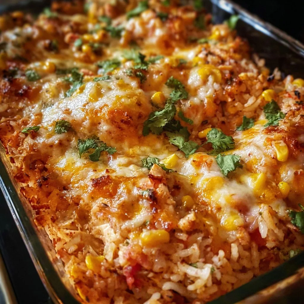 Tex-Mex chicken rice casserole with colorful vegetables and cheese.