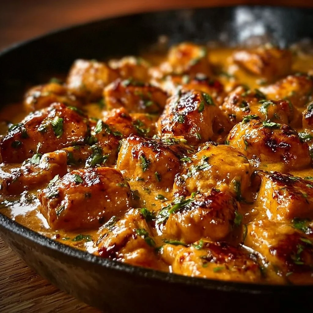 Butter Chicken Skillet from Texas Roadhouse, showcasing tender chicken in creamy sauce.