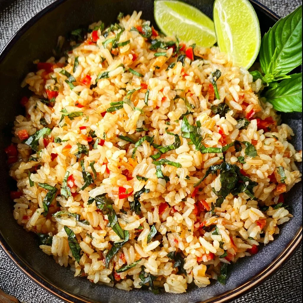 Delicious plate of Thai Basil Fried Rice garnished with fresh basil leaves
