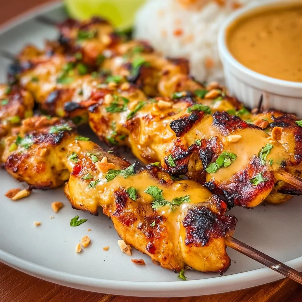 Delicious Thai grilled coconut chicken skewers served with peanut sauce