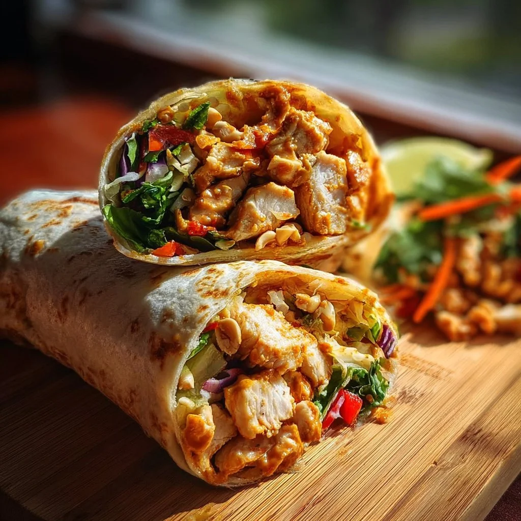 Thai Peanut Chicken Wraps with fresh vegetables and savory peanut sauce