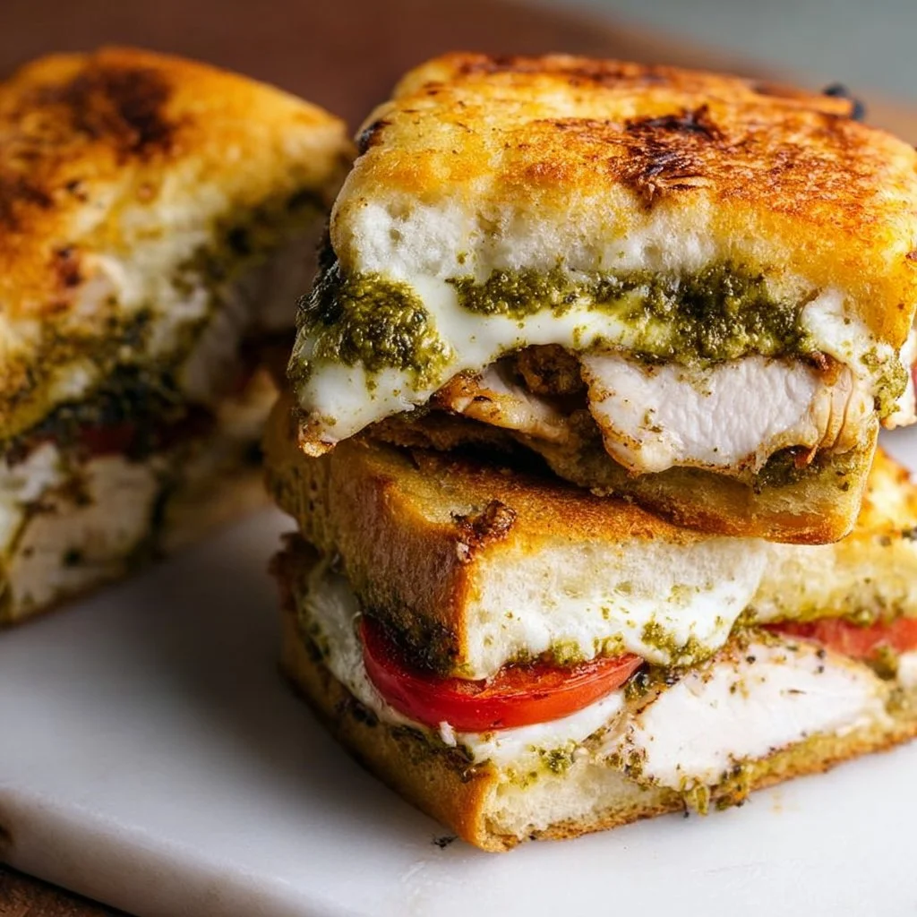Toasted chicken pesto sandwich with fresh ingredients on crusty bread