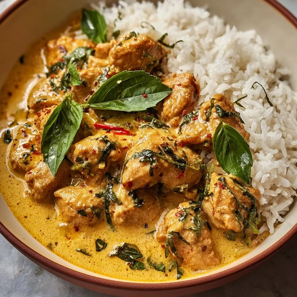 Delicious basil chicken with creamy coconut curry sauce served on a plate.