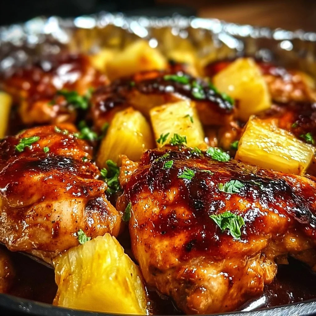 Tropical BBQ chicken topped with fresh pineapple on a grill plate