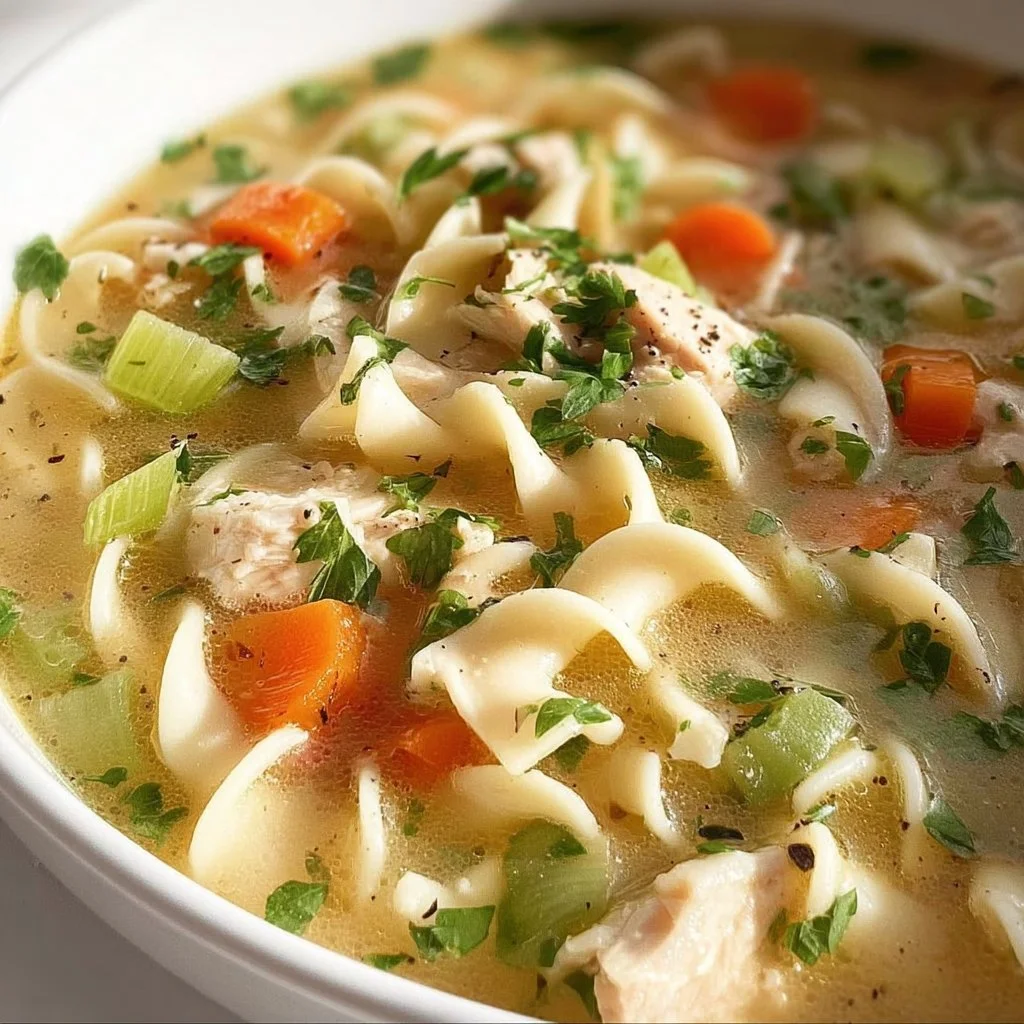 Bowl of hearty turkey noodle soup with vegetables and herbs