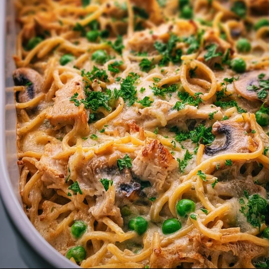 Delicious Turkey Tetrazzini pasta dish with creamy sauce and turkey meat.