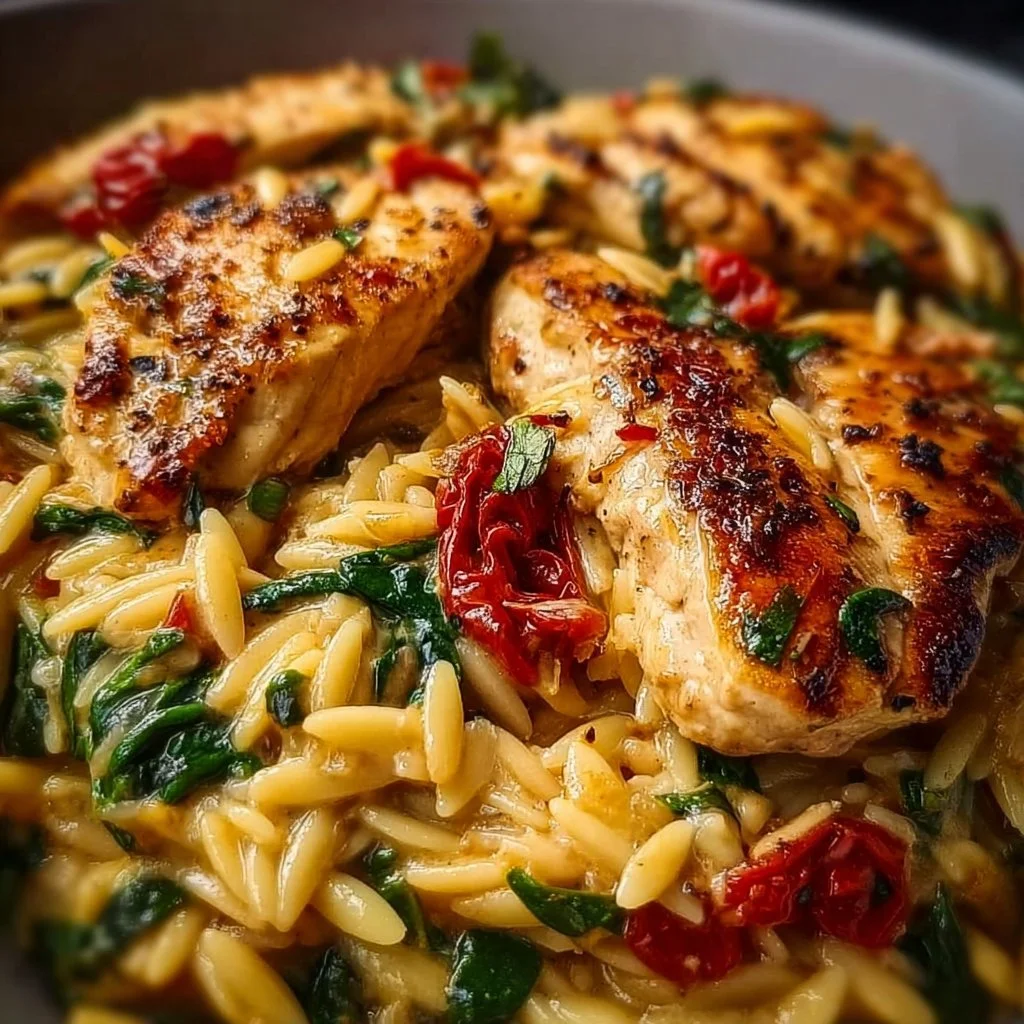 Plate of Tuscan Chicken with Spinach Orzo garnished with fresh herbs