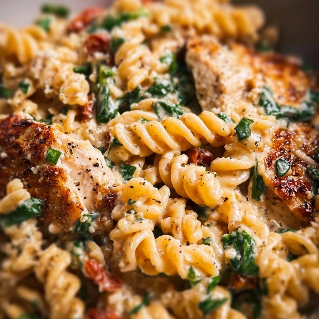 Delicious plate of Tuscan Chicken Pasta with creamy sauce and fresh ingredients