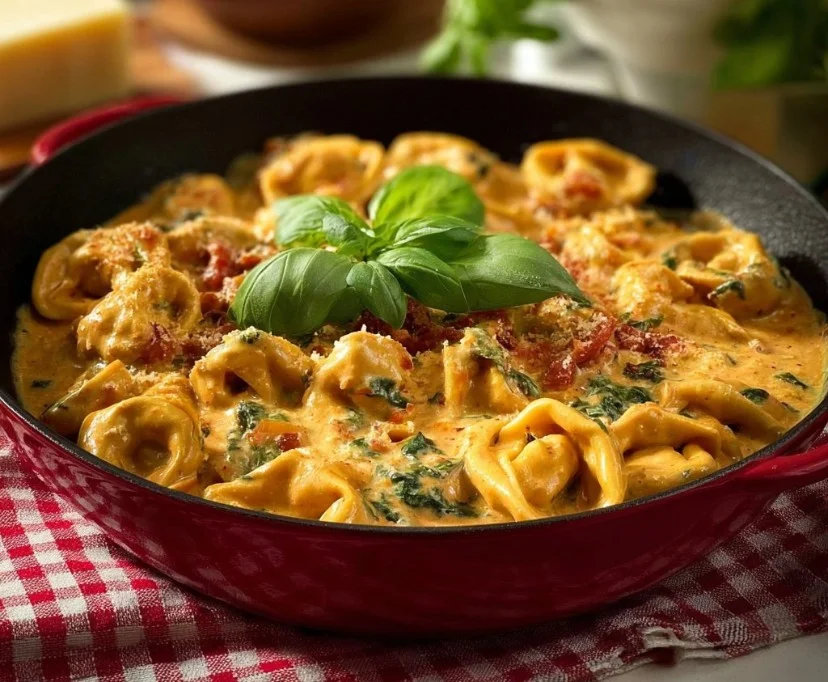 Delicious bowl of Tuscan Tortellini Pasta topped with fresh herbs and cheese