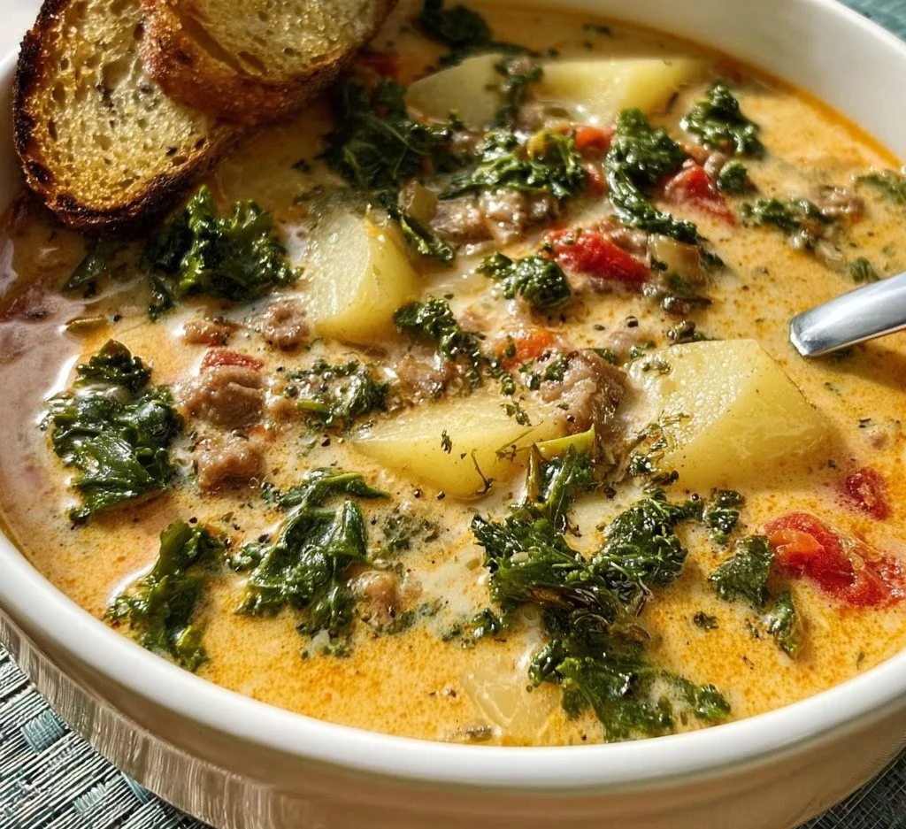 A bowl of hearty Tuscany Soup filled with fresh vegetables and Italian herbs.