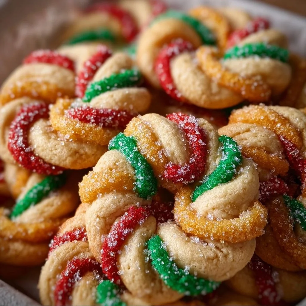 Twisted Christmas Cookies on a festive plate, decorated with colorful icing.
