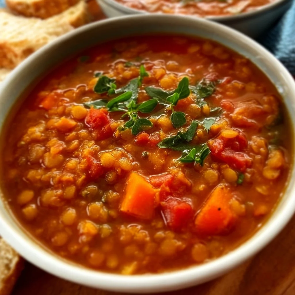 Bowl of hearty Vegan Lentil Soup garnished with herbs and spices.