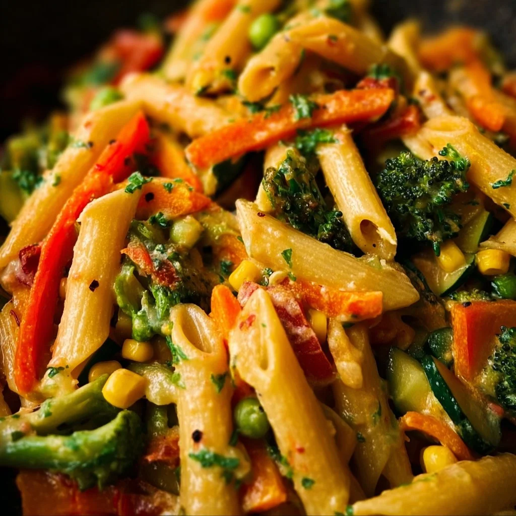 A vibrant bowl of vegetable pasta with fresh greens and colorful veggies