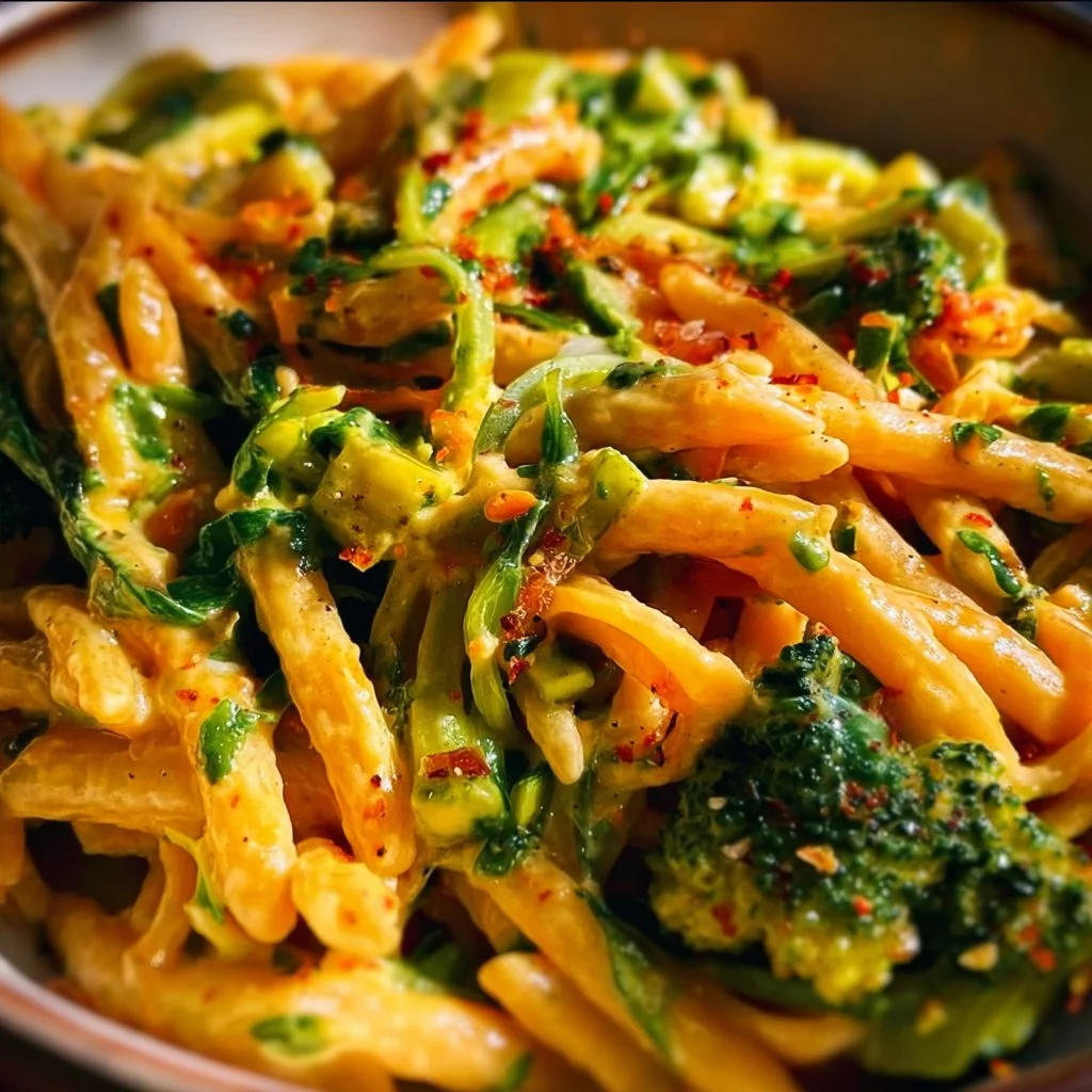 A colorful plate of vegetable pasta with fresh vegetables and herbs