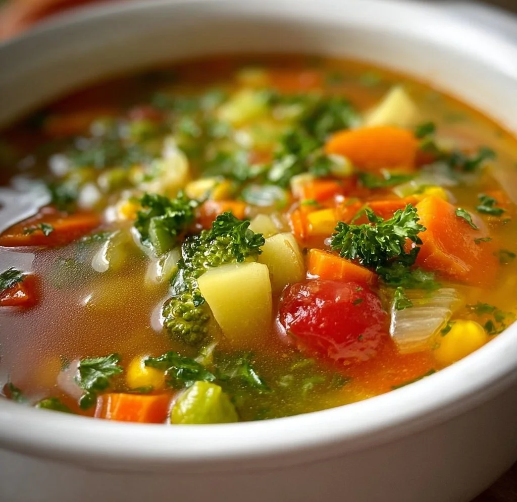 Bowl of colorful vegetable soup with fresh ingredients