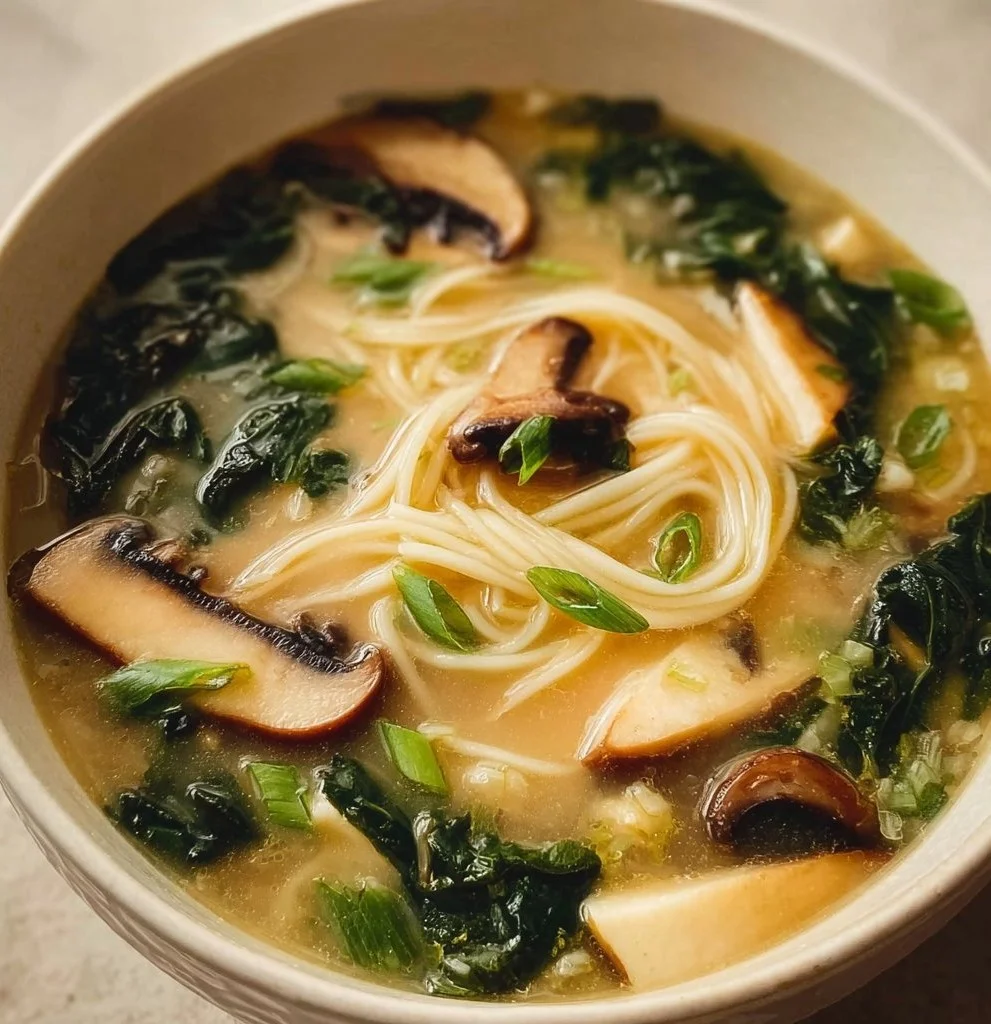 Bowl of Vegetarian Miso Noodle Soup with Mushrooms garnished with green onions