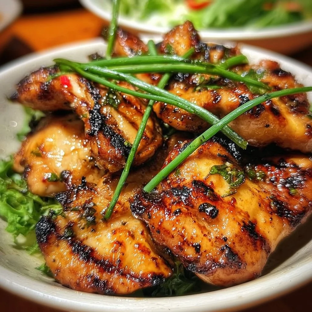 Delicious Vietnamese grilled chicken garnished with herbs and spices
