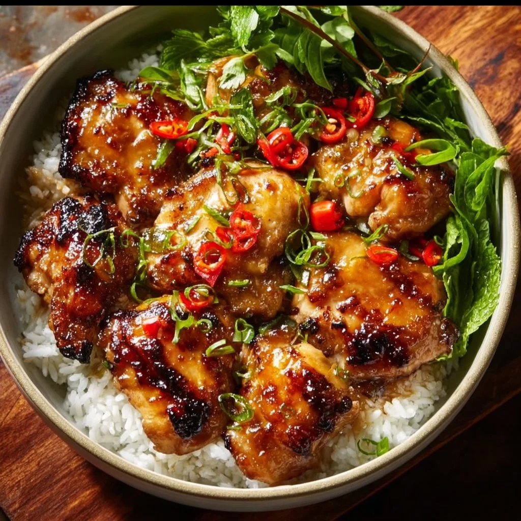 Delicious Vietnamese Lemongrass Chicken served with fresh herbs and rice