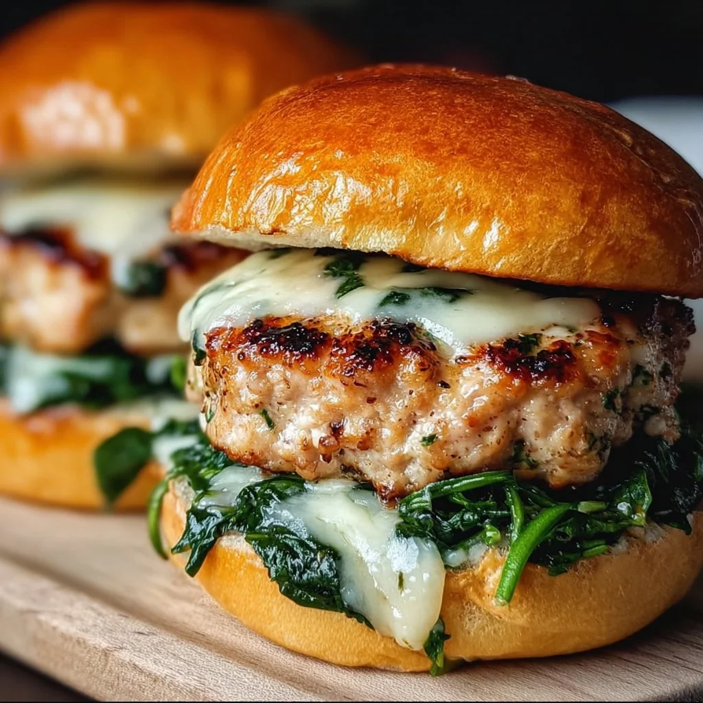 Delicious white cheddar and spinach chicken burgers on a plate