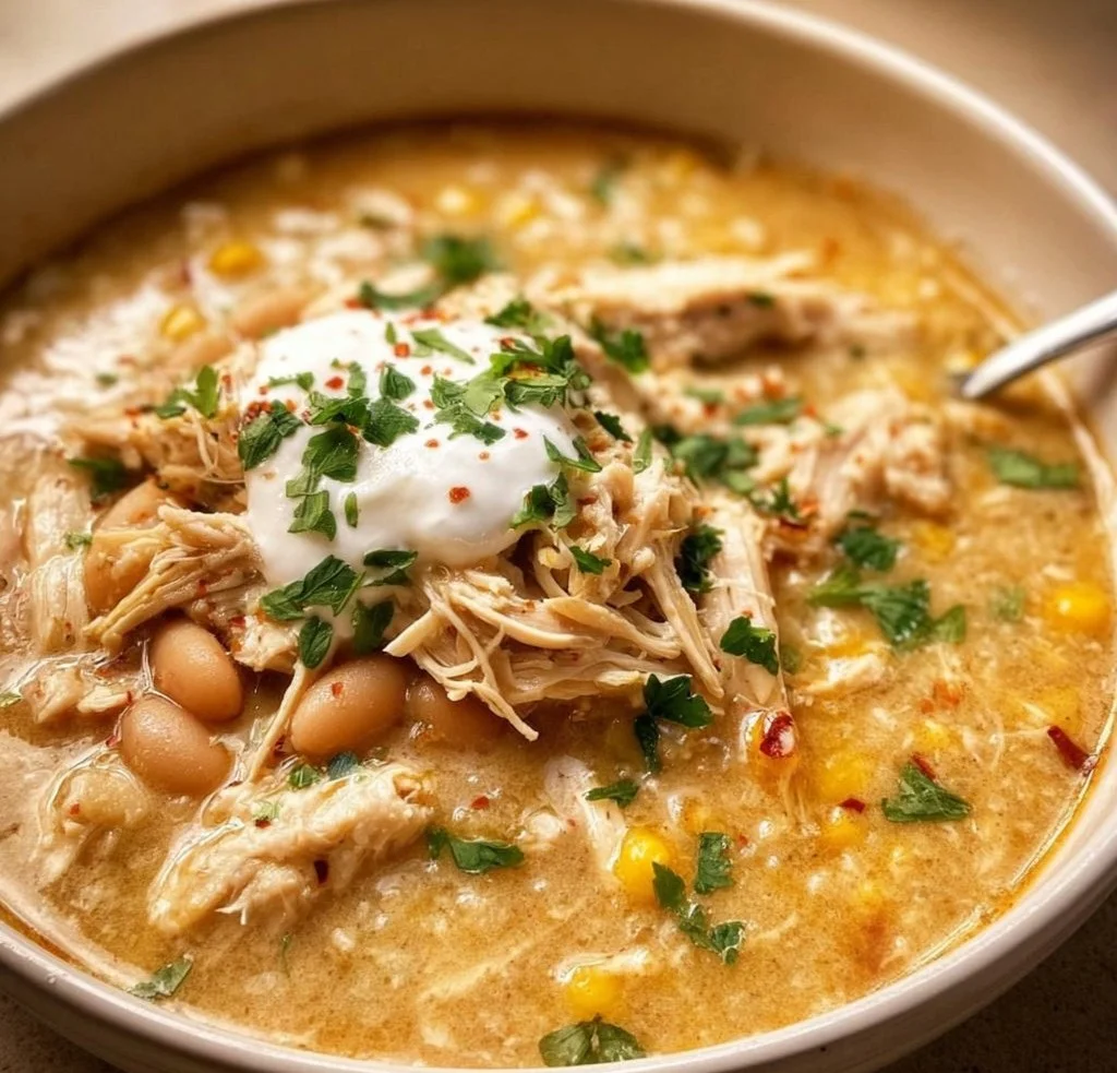 Delicious bowl of white chicken chili served with toppings