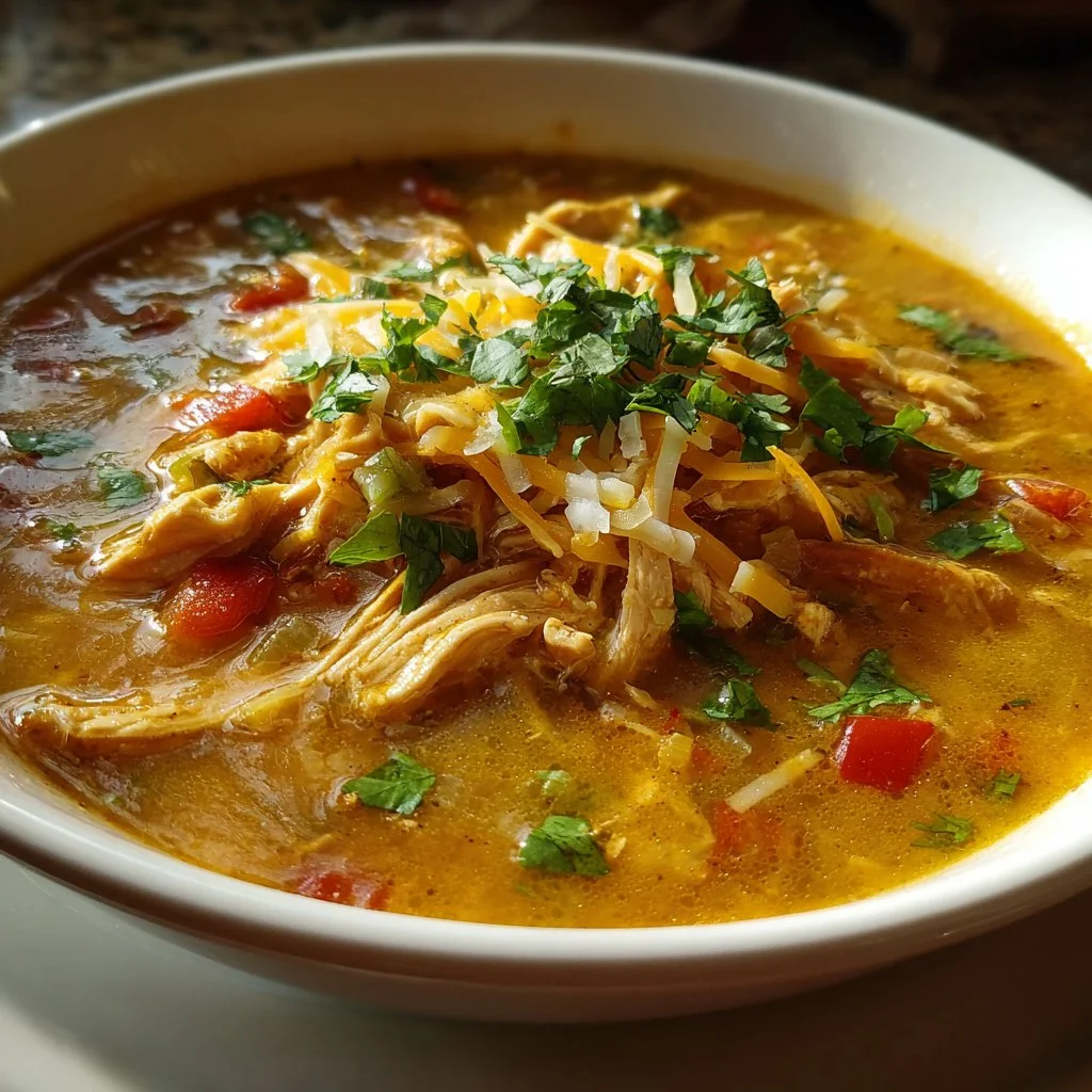 Bowl of creamy white chicken enchilada soup topped with cilantro and cheese