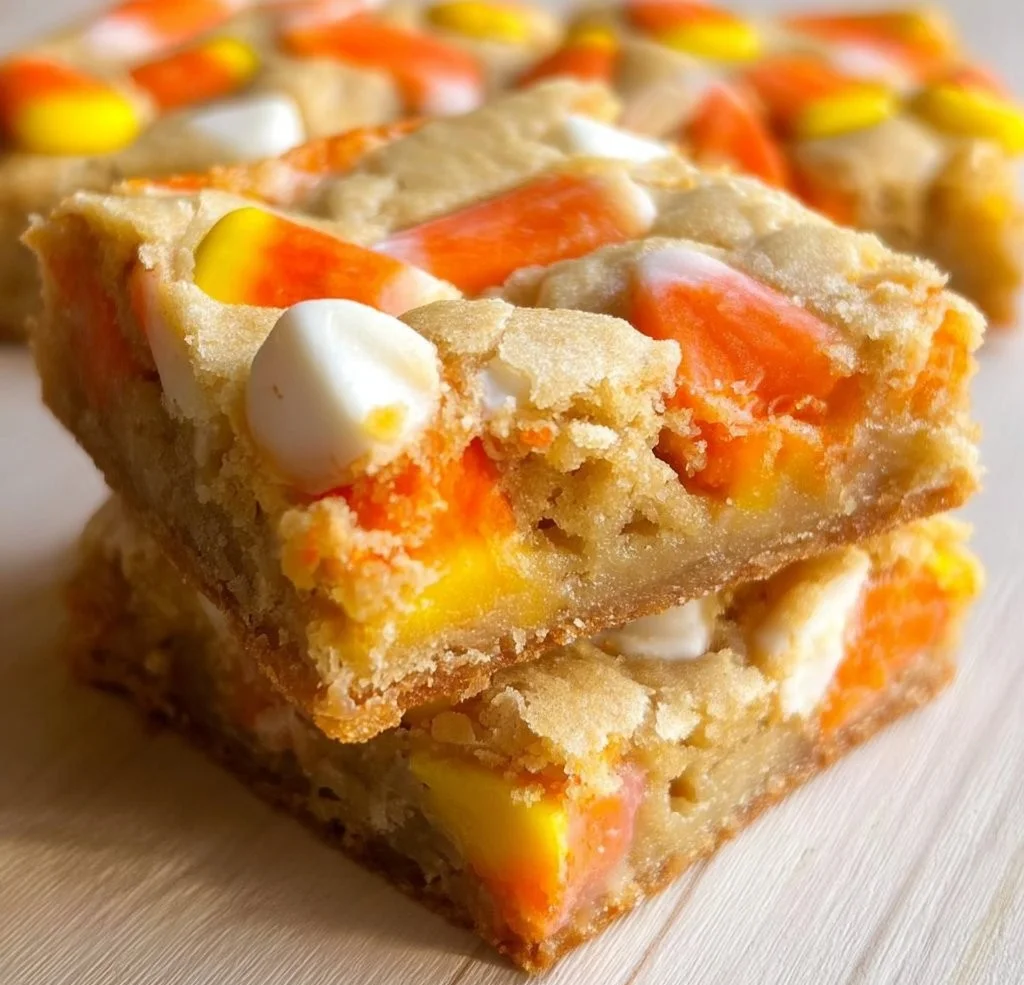 Delicious white chocolate candy corn blondies topped with candy corn