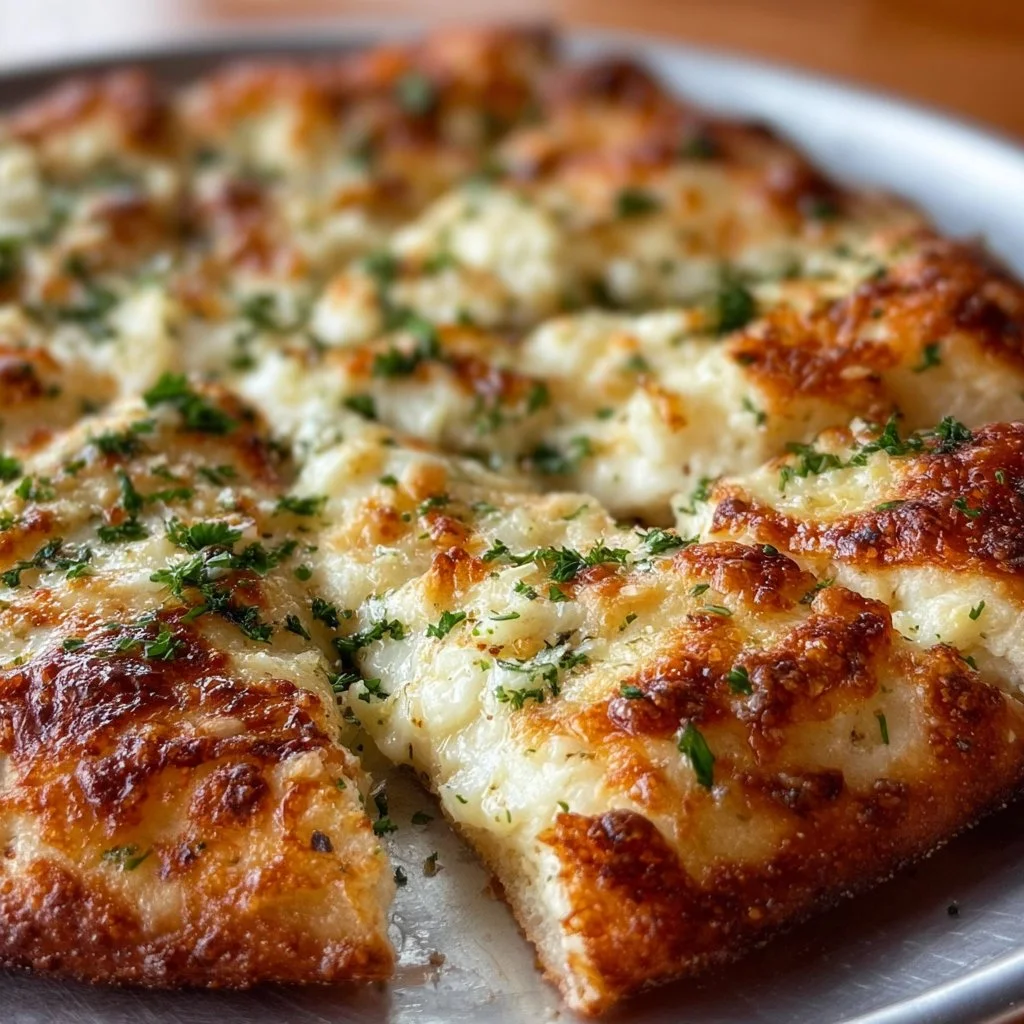 Creamy white garlic pizza sauce drizzling over a freshly made pizza