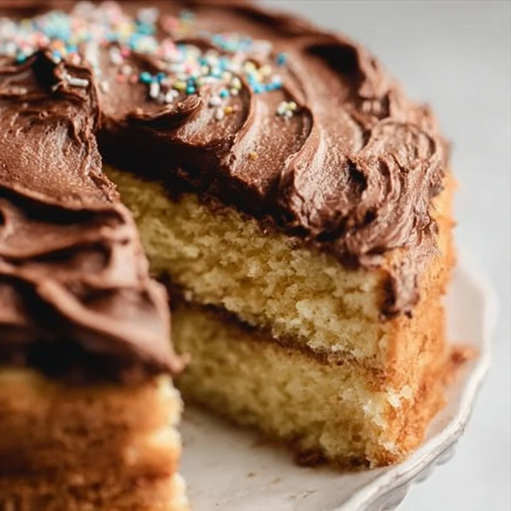 Slice of yellow cake with chocolate buttercream frosting on a white plate