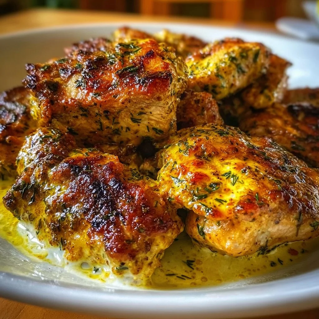 Delicious yogurt marinated chicken on a plate, garnished with herbs.
