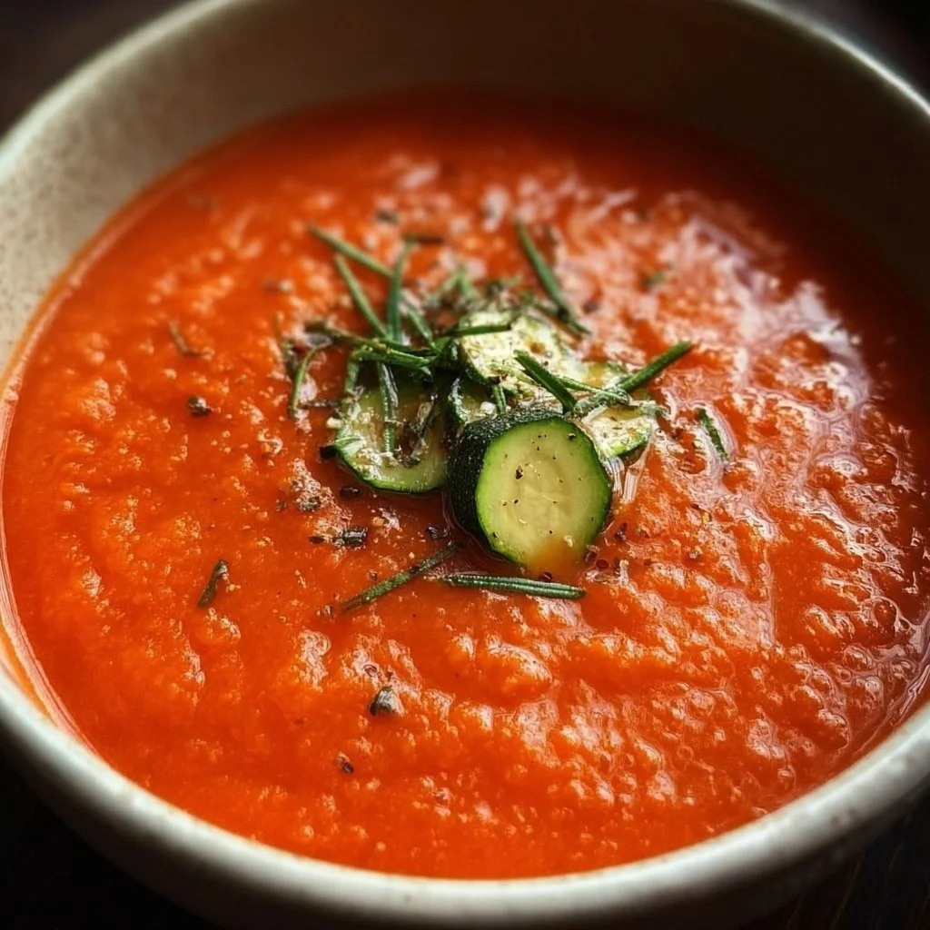 Bowl of Zucchini Tomato Soup garnished with fresh herbs