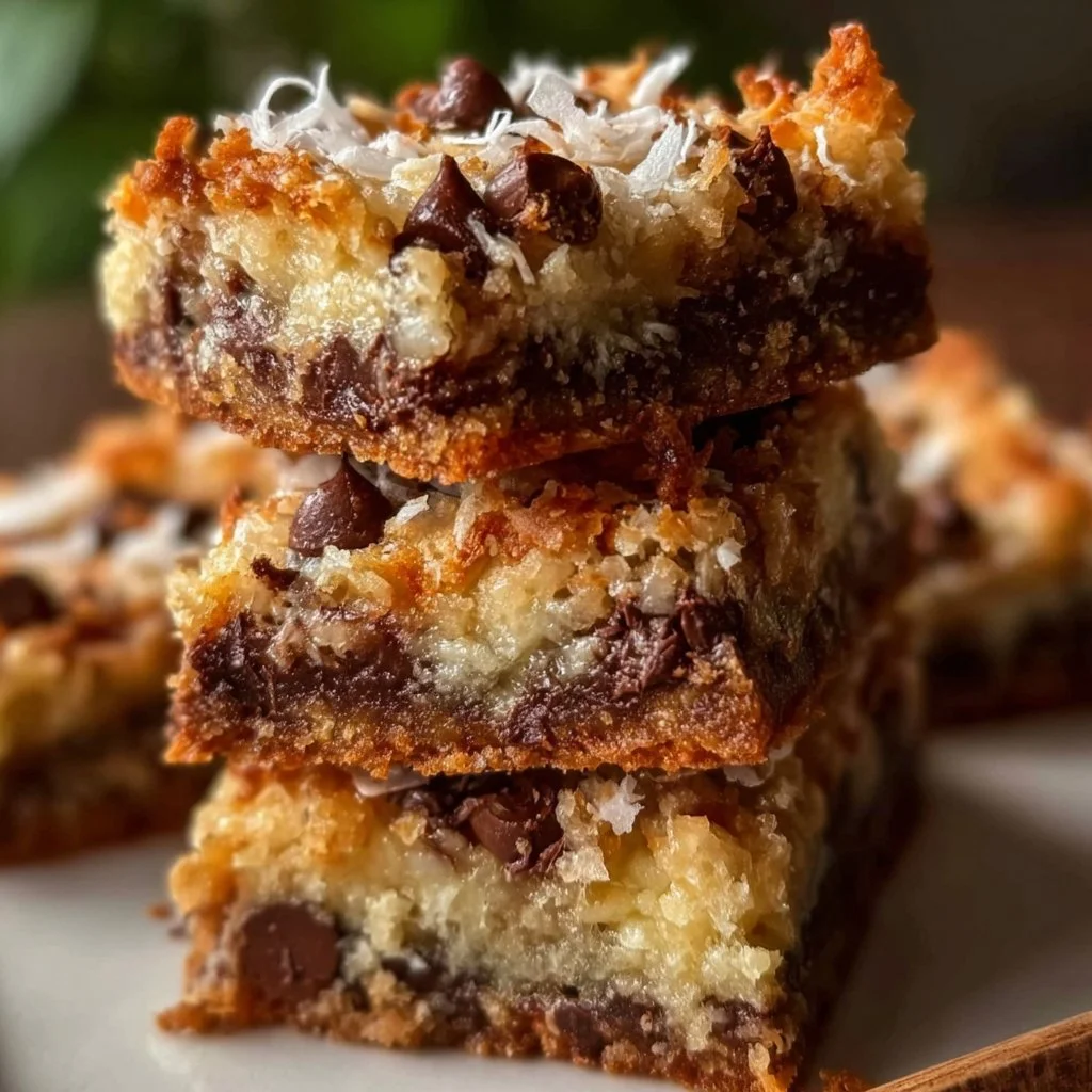 Delicious 7 Layer Bars with chocolate, coconut, and nuts displayed on a plate.