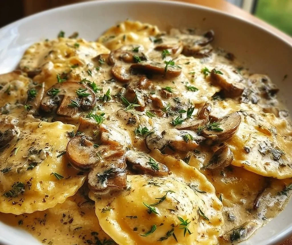 Creamy mushroom ravioli sauce served with fresh herbs and parmesan cheese