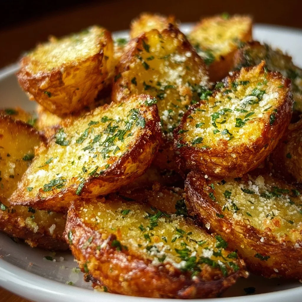 Air fryer baked garlic parmesan potatoes served in a bowl