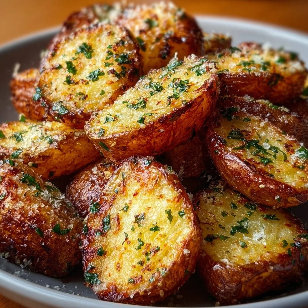 Air fryer baked garlic parmesan potatoes crispy and golden brown