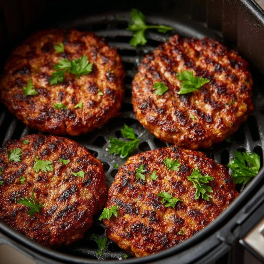 Juicy air fryer burgers served on a plate with fresh toppings