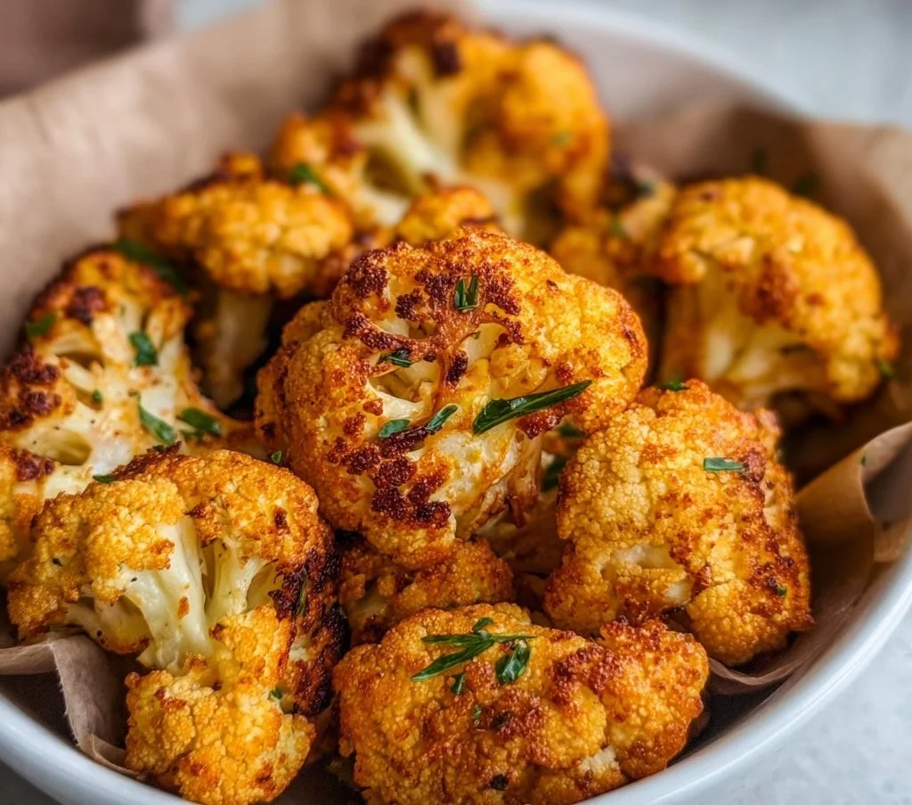 Crispy air fryer cauliflower served in a bowl with seasoning