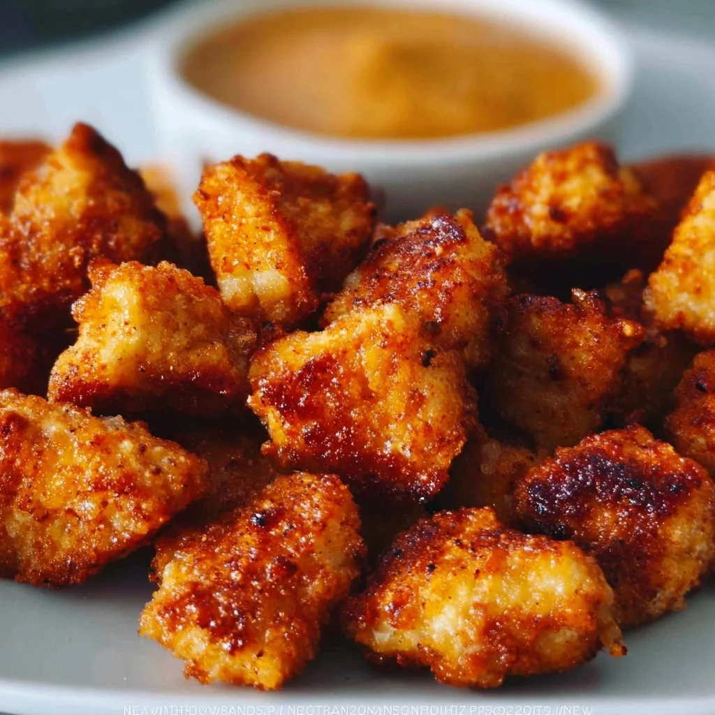 Crispy air fryer chicken bites served with dipping sauce.