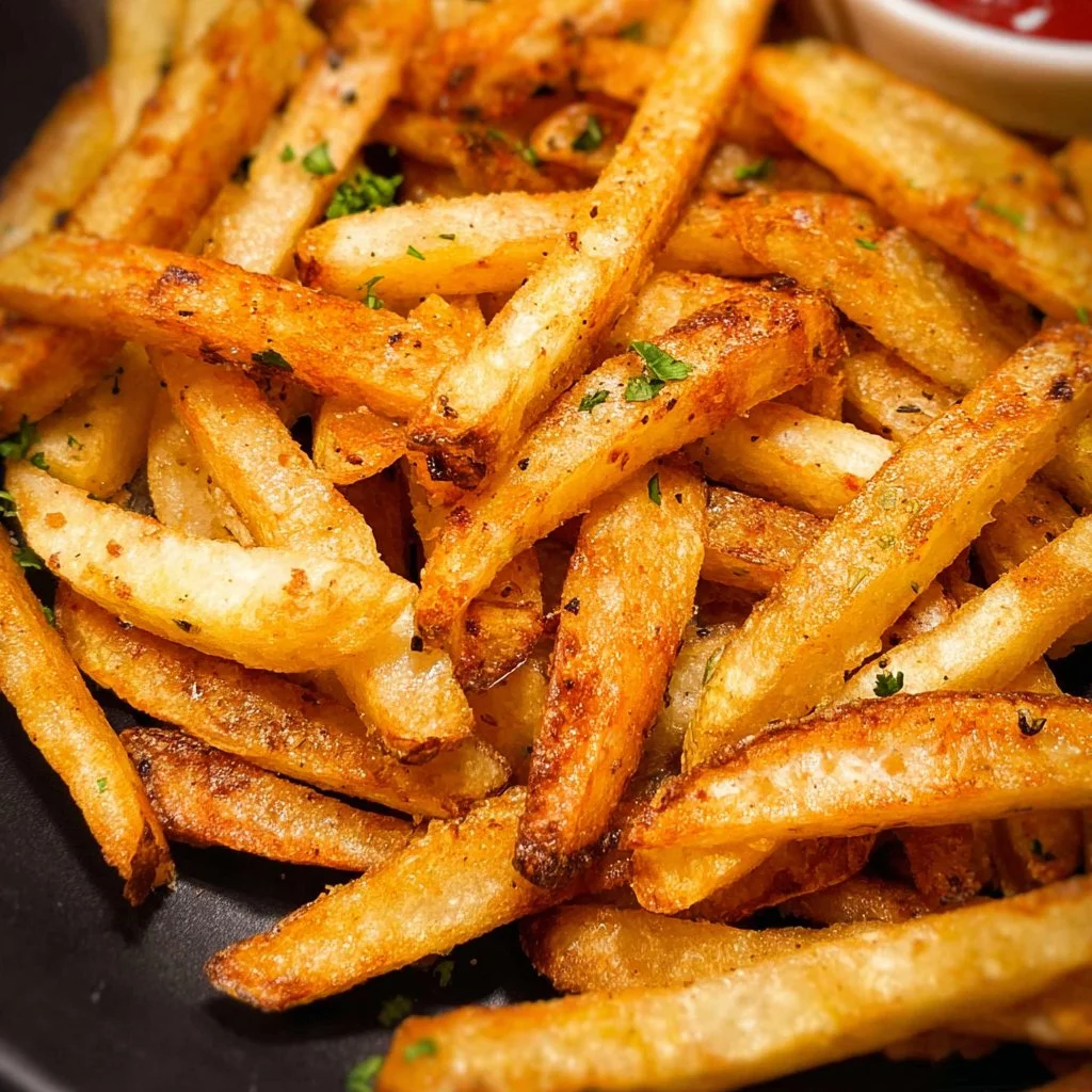 A plate of crispy air fryer French fries served with dipping sauce