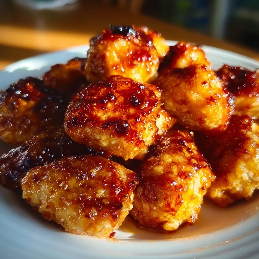 Crispy Air Fryer Honey BBQ Chicken Bites garnished with herbs