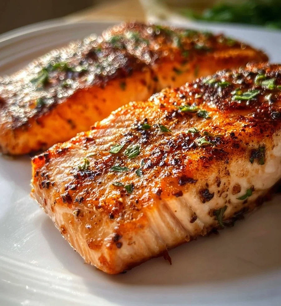 Crispy air fryer salmon served with vegetables on a plate
