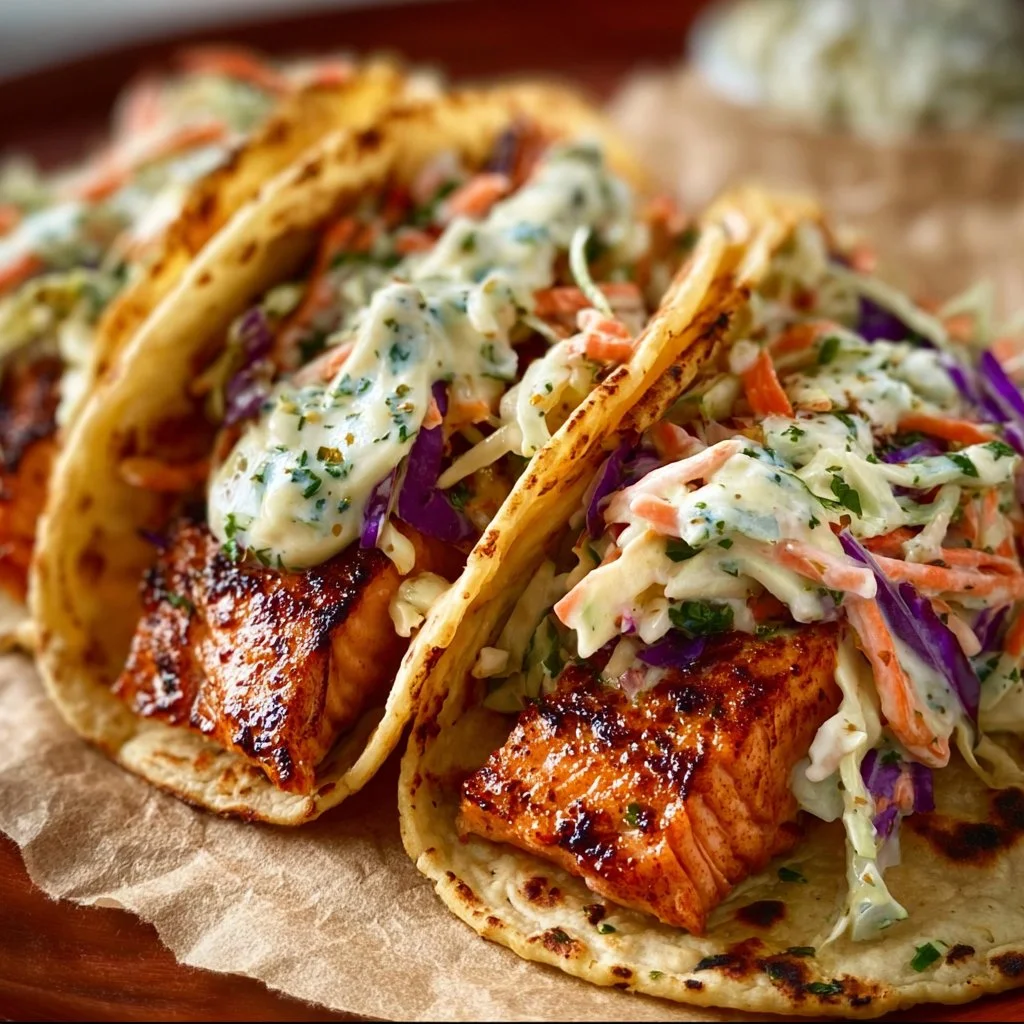 Air fryer salmon tacos with fresh slaw served on a plate