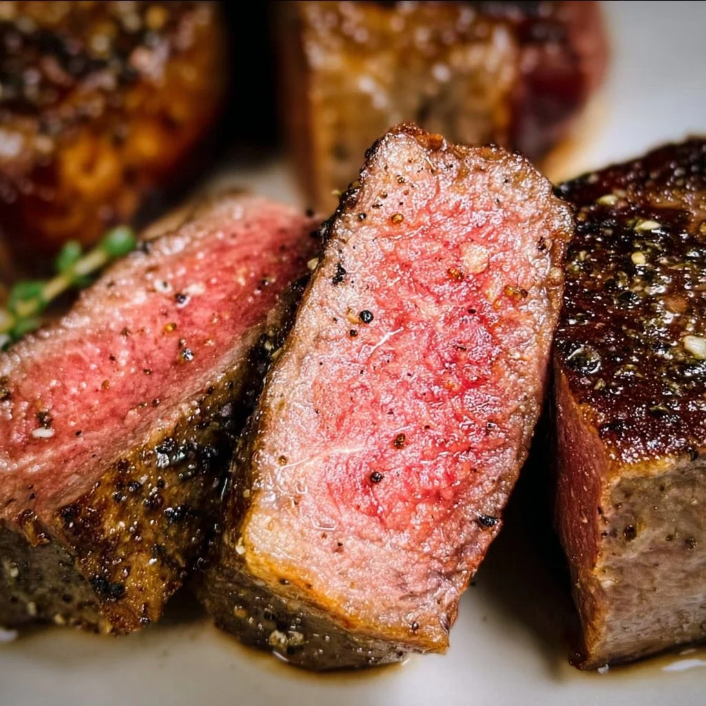 Juicy air fryer steak cooked to perfection with herbs and spices.