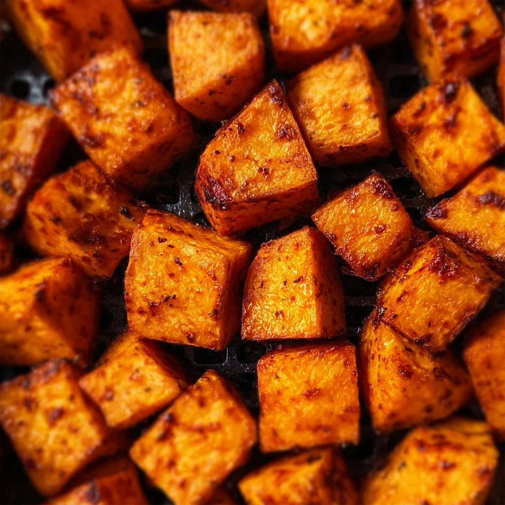 Crispy air fryer sweet potato cubes served in a bowl