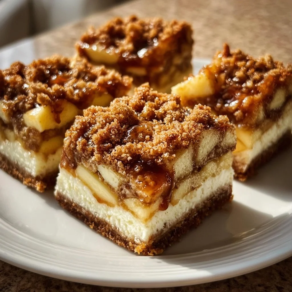 Delicious Apple Crisp Cheesecake Bars with a creamy filling and crunchy topping.