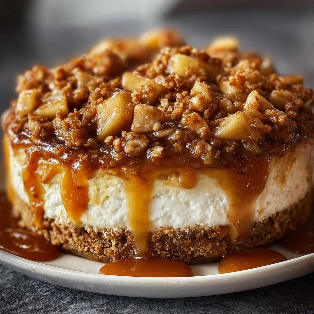 Delicious Apple Crisp Cheesecake topped with crunchy apple and oatmeal crumble.