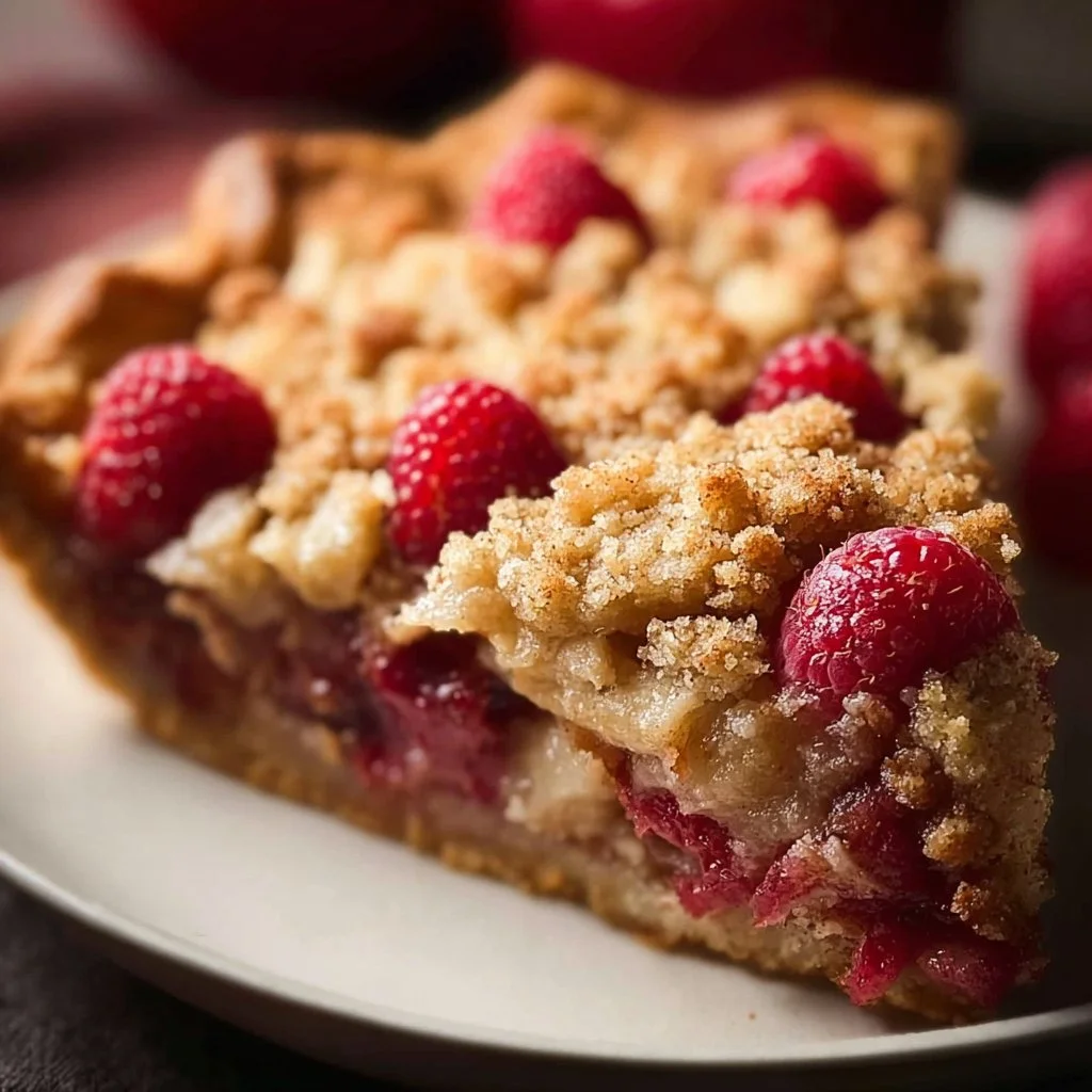 Slice of Apple Raspberry Pie with Crumb Topping on a plate