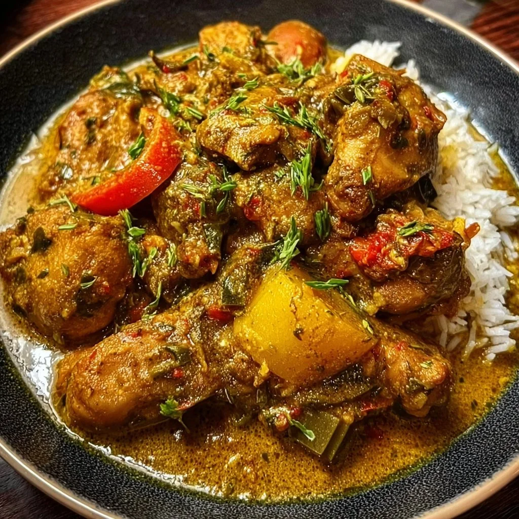 Deliciously prepared authentic Jamaican curry chicken garnished with herbs