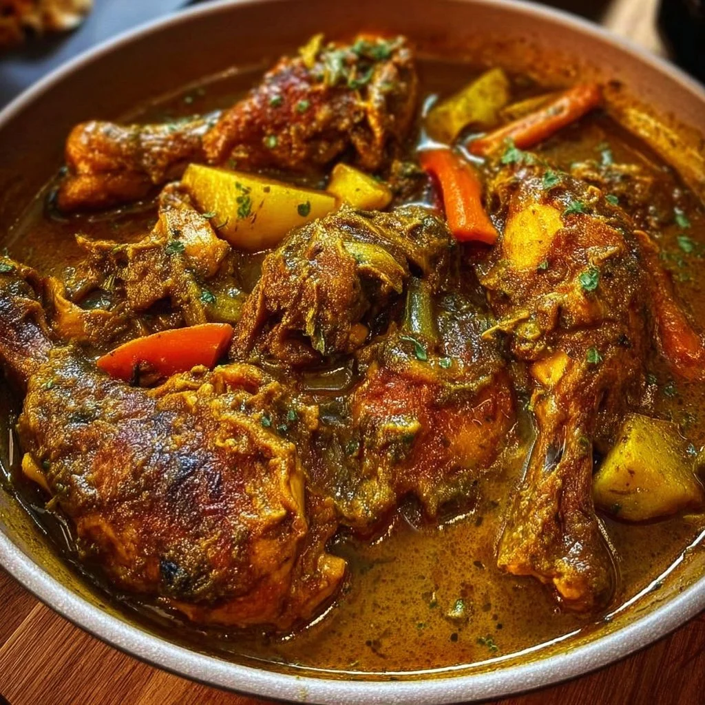 Plate of authentic Jamaican Curry Chicken garnished with herbs.